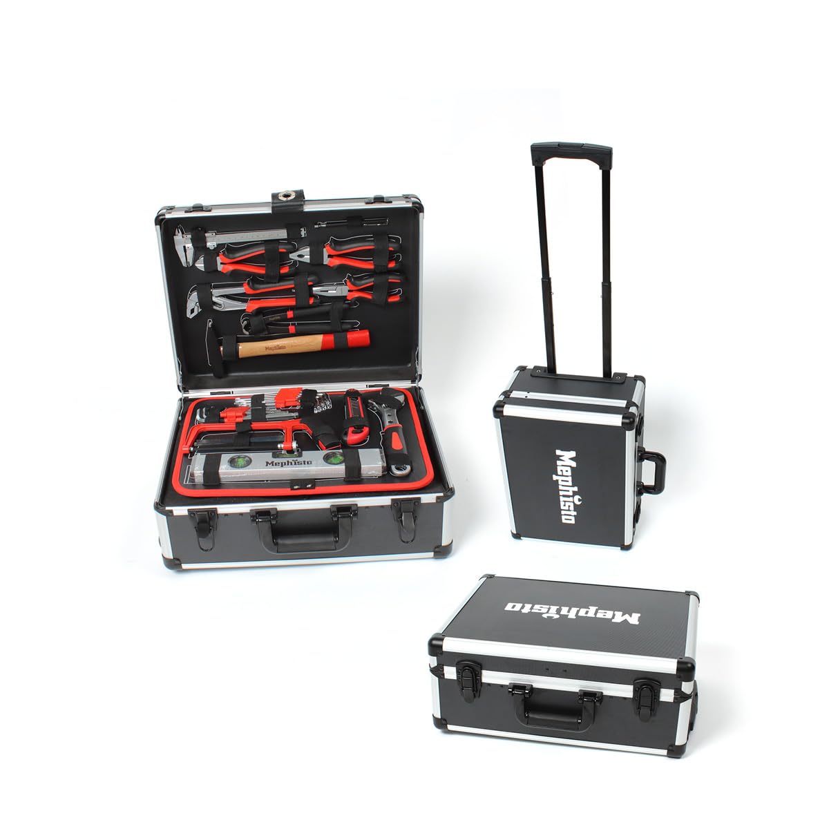 Mephisto Werkzeugtrolley Profi Werkzeugset XXL 131-teilig: Schwarzer Rollkoffer zur Aufbewahrung und Transport des Sets.