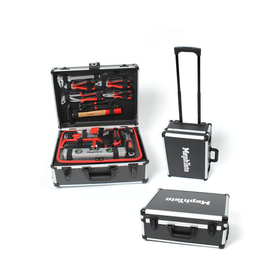 Mephisto Werkzeugtrolley Profi Werkzeugset XXL 131-teilig: Schwarzer Rollkoffer zur Aufbewahrung und Transport des Sets.