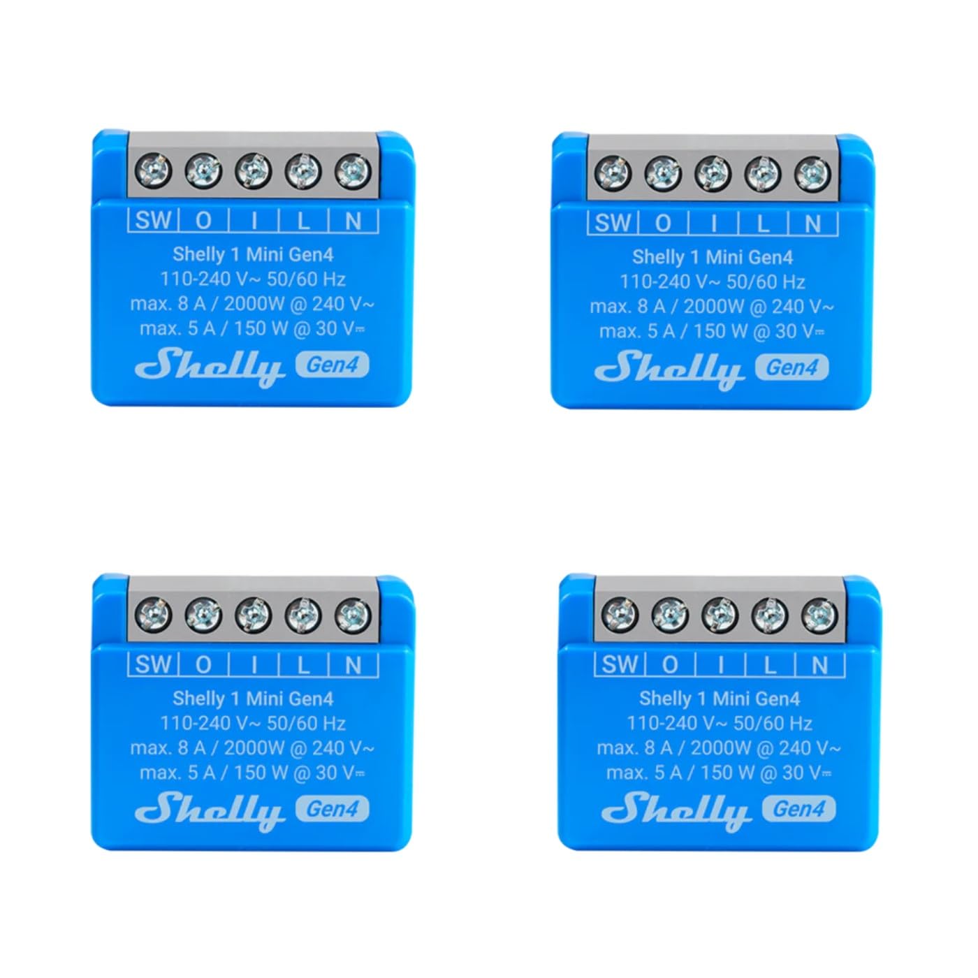 Shelly 1 Mini Gen4 WLAN Smart Relaisschalter 1 Kanal 8A, 4er-Pack – kompaktes Relais für Unterputzmontage