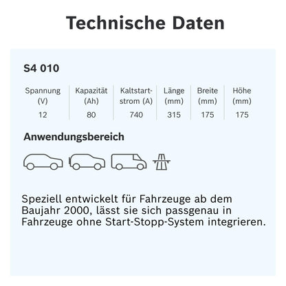 Bosch S4 010 Autobatterie 80 Ah 740 A – Ohne Start-Stopp