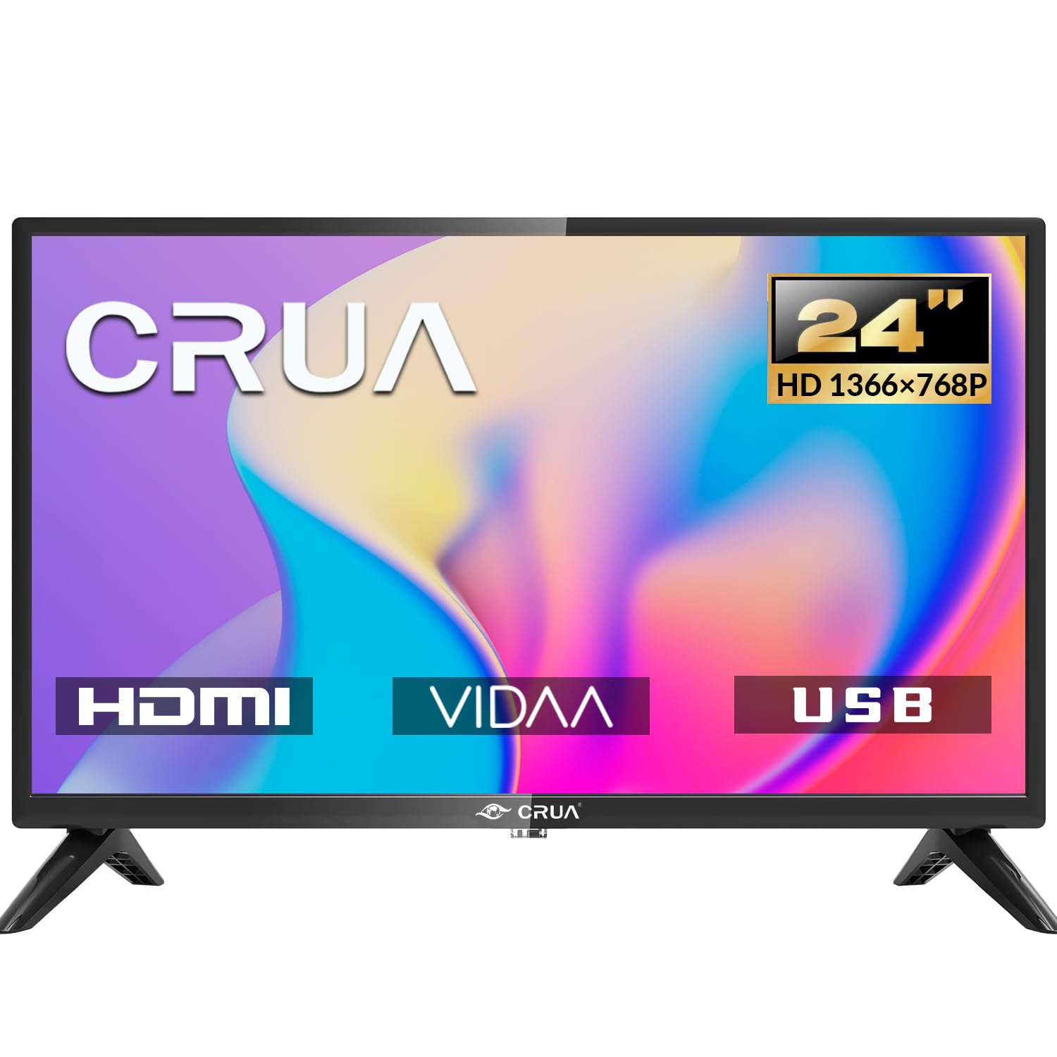 CRUA VIDAA Smart TV HD LED Fernseher 24 Zoll Schwarz. Rechteckiger, schwarzer Bildschirm. Zeigt HD-Inhalte, bietet Smart TV-Funktionen.