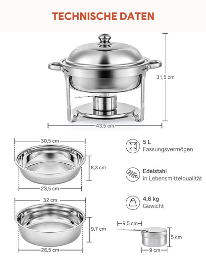 Wilprep Chafing Dish Set Speisenwärmer - 2er Set Rund 5L