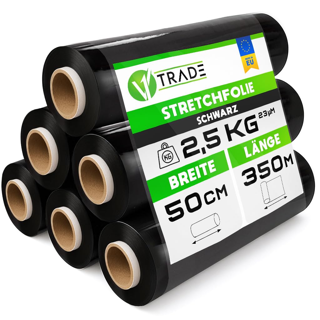 V1 Trade Stretchfolie schwarz 50 cm, Handstretchfolie für Umzug – schwarze Folienrolle zum Wickeln von Möbeln und Paletten