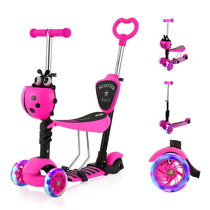 YOLEO 5-in-1 Kinderscooter mit Sitz, Schubstange und Korb rosa – dreirädrig, mit Rückenlehne und höhenverstellbarem Lenker