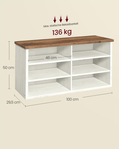 VASAGLE Schuhbank mit Stauraum, 6 Fächer, vintageweiss-honigbraun