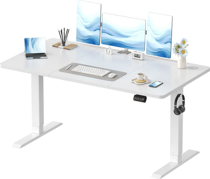 Devoko Elektrischer Steh-Sitz Bürotisch 140x60 cm Weiss. Rechteckige, weiße Platte mit höhenverstellbarem Gestell für ergonomisches Arbeiten.