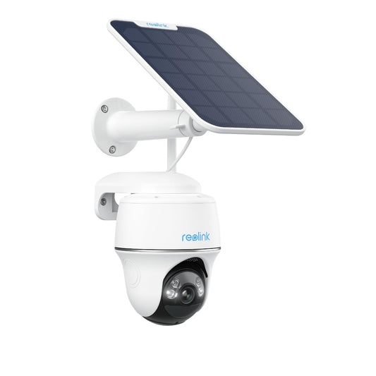 Reolink Argus PT 5MP PTZ Solar Kamera Aussen - mit Solarpanel. Weiße Überwachungskamera mit Solarpanel für drahtlose Außenüberwachung, schwenkt, neigt und zoomt.