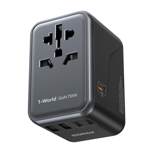 MOMAX Universal Reiseadapter 70W GaN mit 3 USB-C und 2 USB-A, UA8A – 4 integrierte Steckertypen
