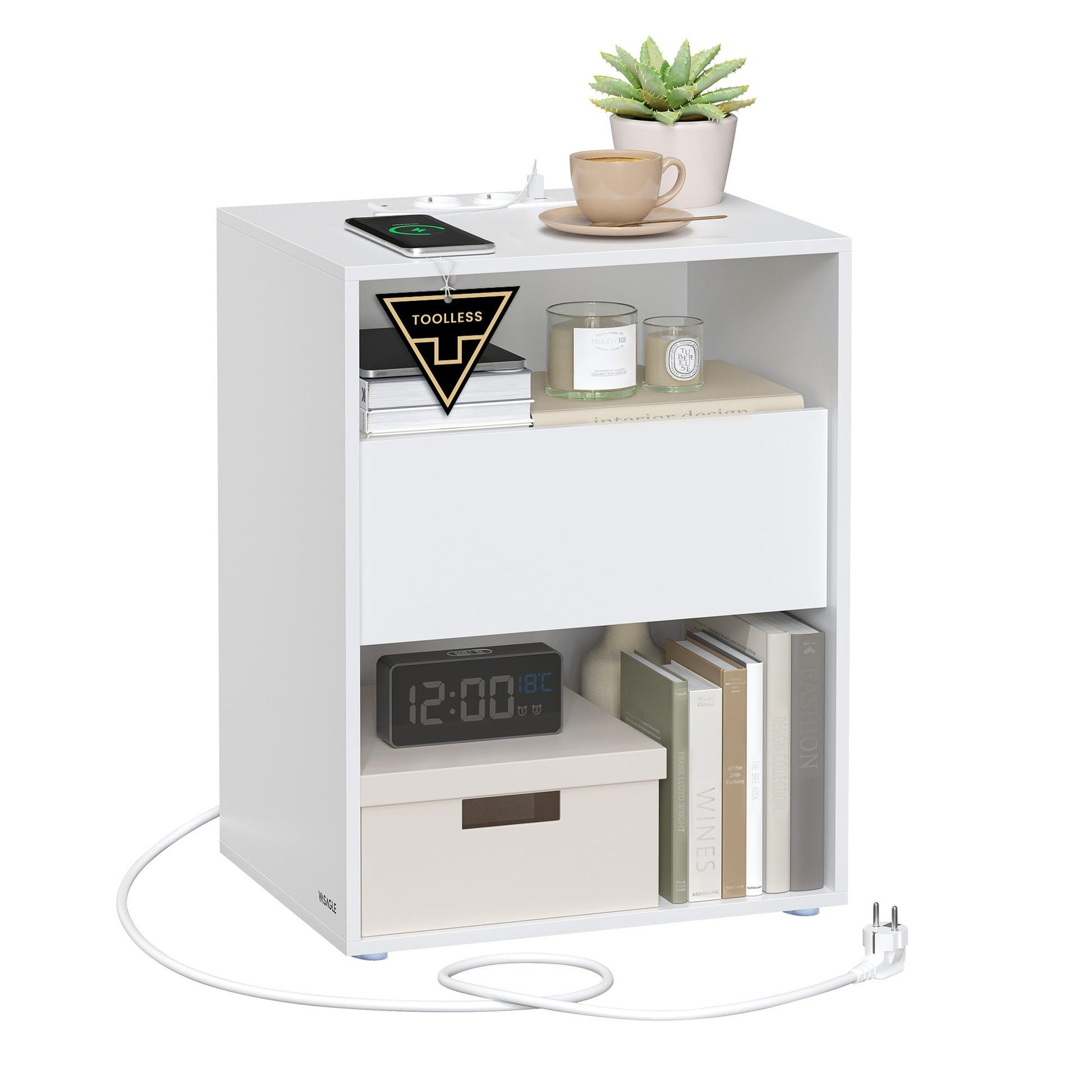 VASAGLE Nachttisch LET777W04 mit Ladefunktion und Schublade, mattweiss