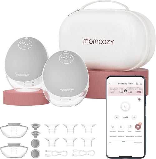 Momcozy Mobile Flow M9 Doppelmilchpumpe elektrisch freihändig, Grau, tropfenförmiges Design