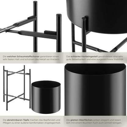 tectake Pflanzenständer 2er Set aus Metall, schwarz, mit Übertöpfen