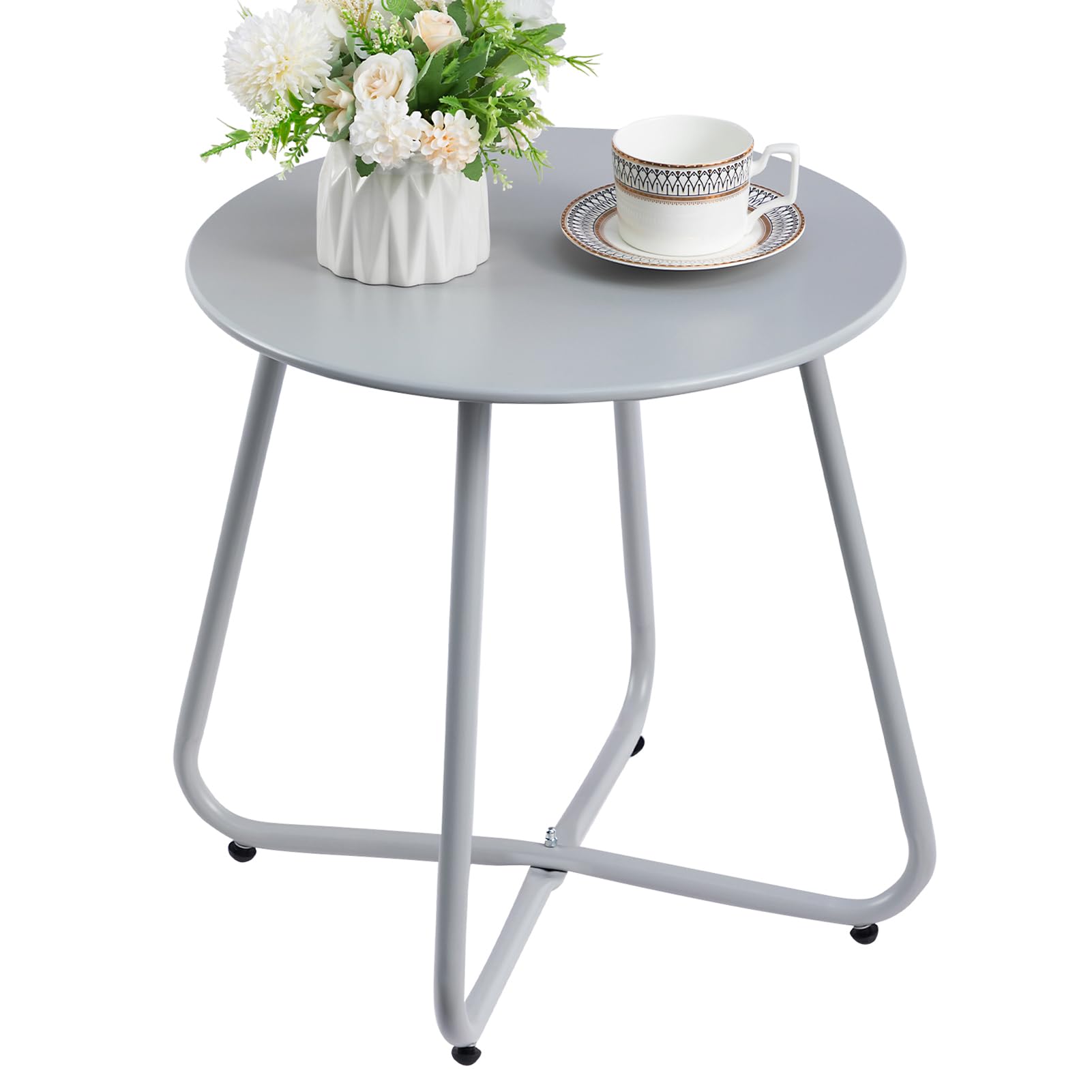 HollyHOME Beistelltisch Outdoor rund, Metall Gartentisch Grau aus pulverbeschichtetem Stahl mit X-Gestell