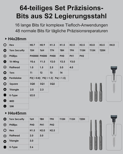 STREBITO Mini-Elektroschrauber-Set 70-in-1 mit 64 S2-Präzisionsbits