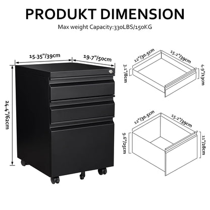 Rollcontainer Aktenschrank abschliessbar Büro - Schwarz 39x50x62cm