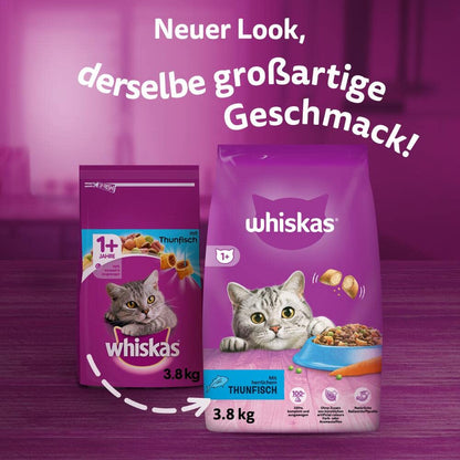 WHISKAS Trockenfutter Adult 1+ mit Thunfisch für Katzen, 3 x 3,8 kg