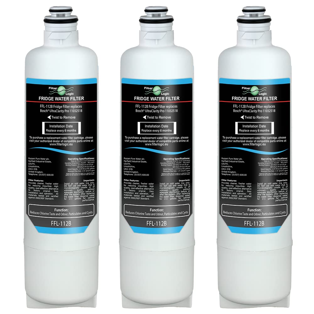 FilterLogic FFL-112B Wasserfilter – 3er-Set kompatibel UltraClarity Pro. Weiße, zylindrische Patronen filtern Wasser im Kühlschrank.
