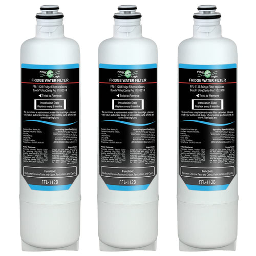 FilterLogic FFL-112B Wasserfilter – 3er-Set kompatibel UltraClarity Pro. Weiße, zylindrische Patronen filtern Wasser im Kühlschrank.