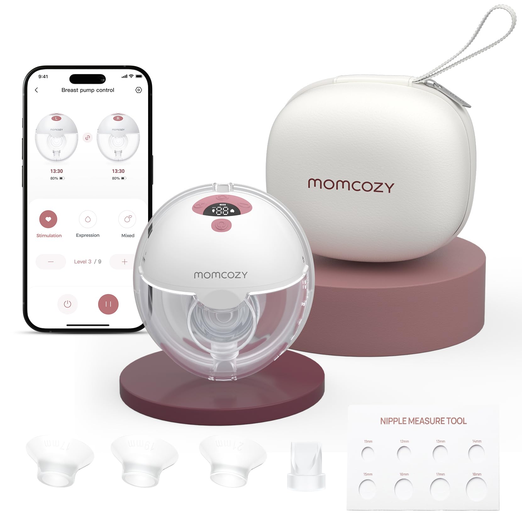 Momcozy M5 Elektrische Milchpumpe handsfree mit App-Steuerung, Rot, kompakte Doppel-Milchpumpe zum freihändigen Abpumpen
