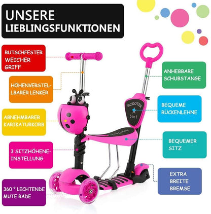 YOLEO 5-in-1 Kinderscooter mit Sitz, Schubstange und Korb rosa
