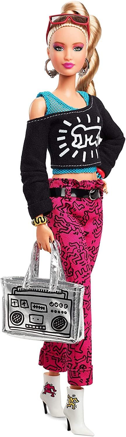 Barbie FXD87 Sammlerpuppe Signature Keith Haring. Schwarz-weißes Pop-Art-Outfit, rote Mütze. Zum Sammeln und Ausstellen.