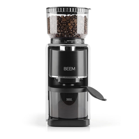 BEEM GRIND-PERFECT Elektrische Kaffeemühle 250g Kegelmahlwerk, zylindrisch, schwarz-silber. Mahlt Kaffeebohnen für frischen Kaffee.