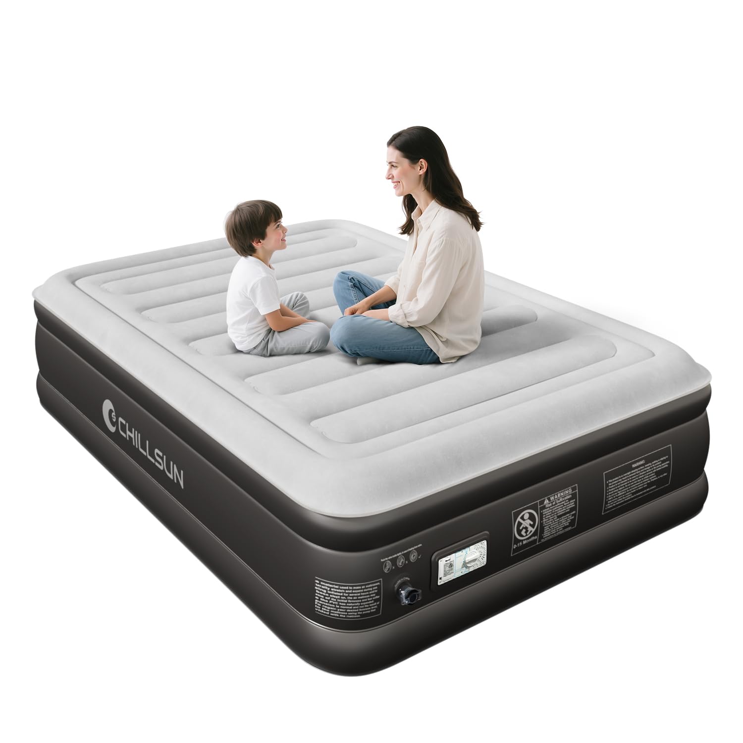 CHILLSUN Luftbett elektrisch aufblasbar 190x137x46 cm. Beflocktes Luftbett mit integrierter Pumpe zum Aufblasen als Gästebett.