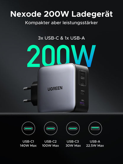 UGREEN Nexode 200W USB-C Ladegerät, GaN Netzteil mit 4 Ports