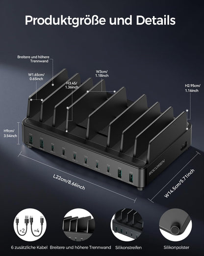 Rocoren 400W Ladestation USB-C, 10-Port GaN Ladegerät mit PD 100W