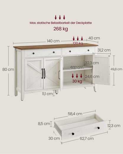 VASAGLE BBK381W02 Küchenschrank Landhausstil vintageweiss-honigbraun