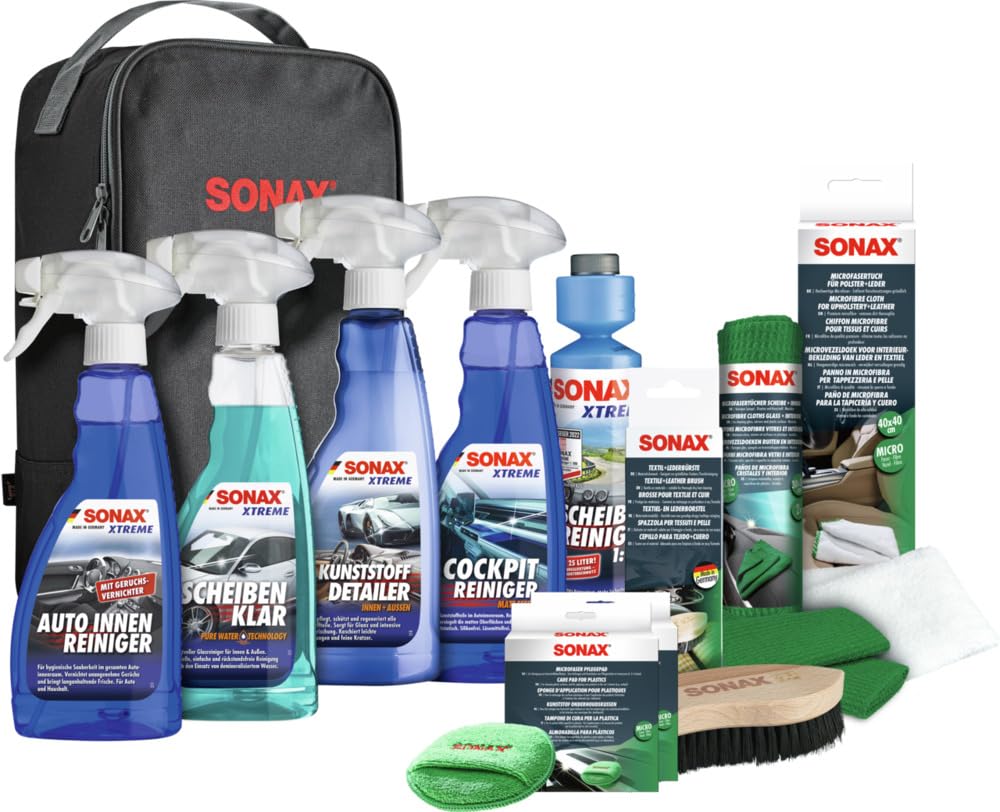 SONAX Innenraum- & Scheiben Reinigungs- & Pflegeset - 11-teilig mit Tasche. Reinigt & pflegt Innenraum & Scheiben.