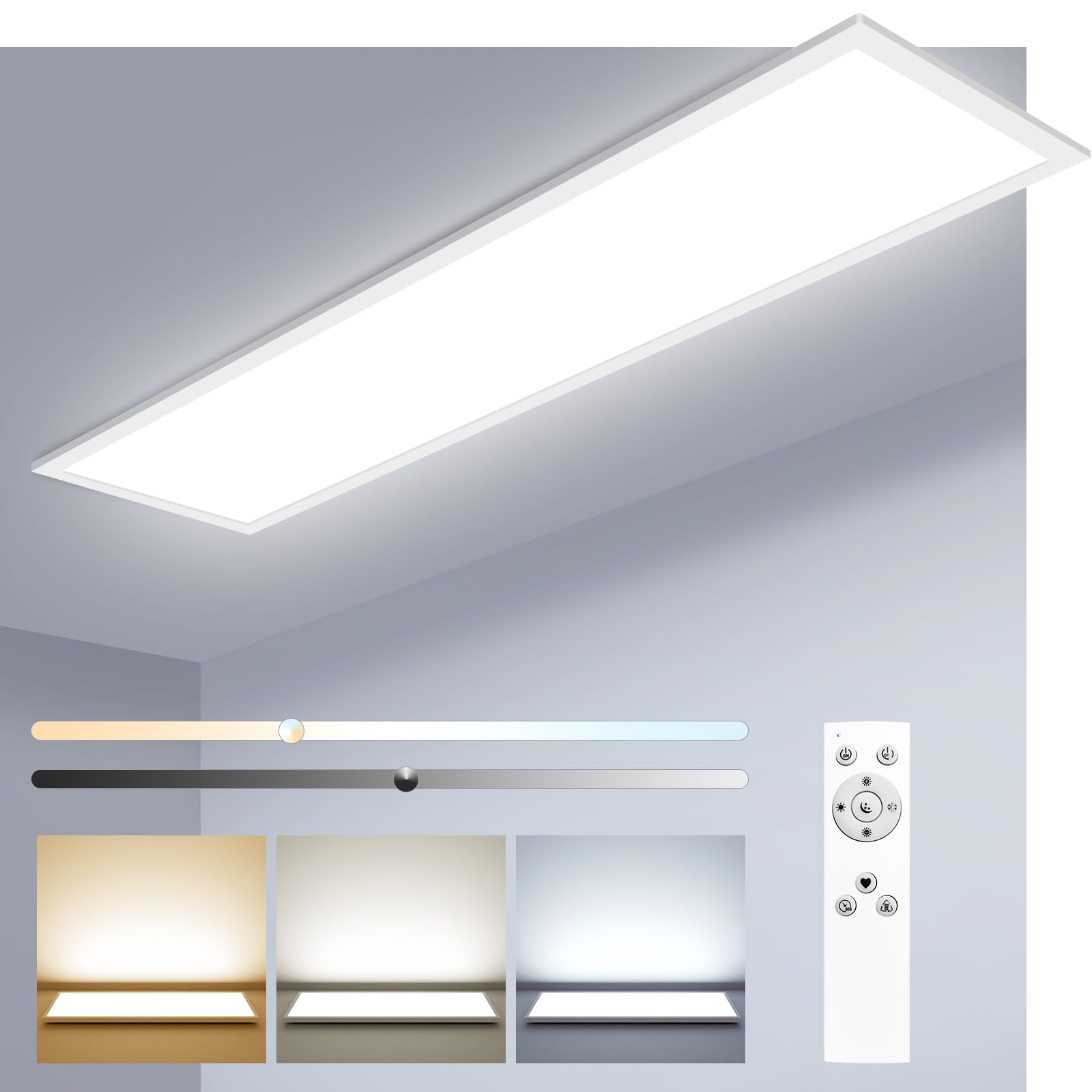zemty LED Panel Deckenleuchte 80x25 cm, 40W dimmbar mit Fernbedienung, flaches rechteckiges Panel aus mattem Acryl