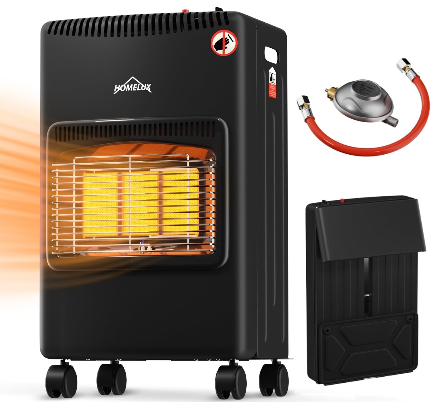 HOMELUX Gasheizung Infrarot 4200 W - Innenraum inkl. Schlauchset. Schwarze Infrarot-Gasheizung. Heizt Innenräume mit 4200W Leistung.