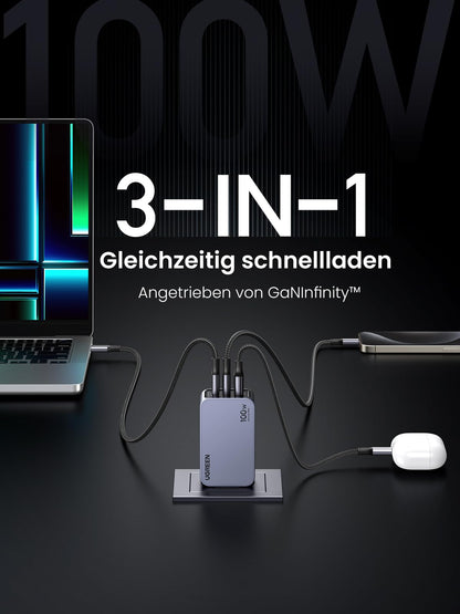 UGREEN Nexode Pro 100W GaN Mini USB C Schnellladegerät 3-Port