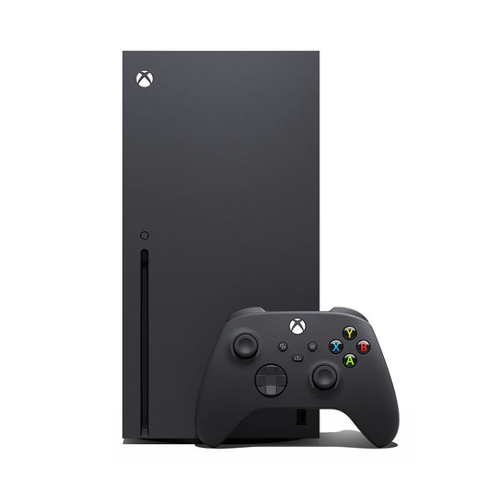 Xbox Series X Konsole, schwarzer, quaderförmiger Turm zum Spielen von Next-Gen-Videospielen.