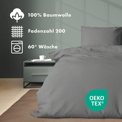 JACOBSON Bettwäsche Set 135x200 cm Perkal Baumwolle Anthrazit 4-teilig