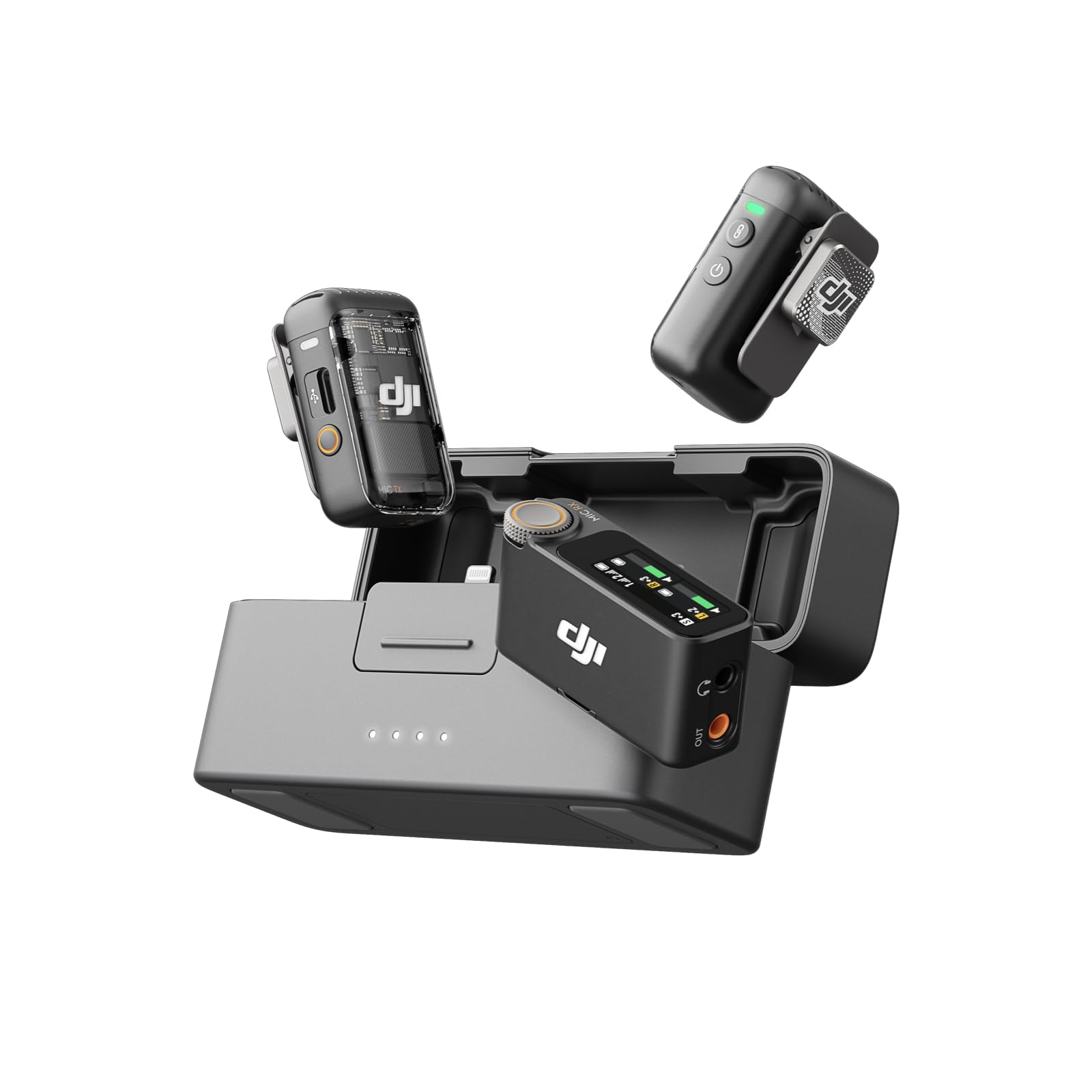 DJI Mic 2 Kabelloses Mikrofon Set (2 Sender + 1 Empfänger). Kompakte, schwarze Geräte zum kabellosen Aufzeichnen von Sprache und Ton.