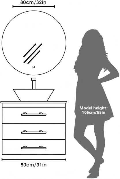 MYGIIVOVO Badspiegel mit LED-Beleuchtung, rund, 80 cm, dimmbar