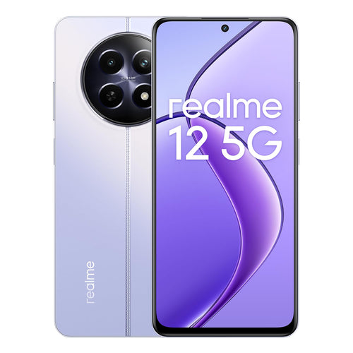 realme 12 5G Smartphone 8GB/256GB Twilight Purple. Rechteckiges Mobiltelefon in schimmerndem Violett für 5G-Konnektivität und Apps.