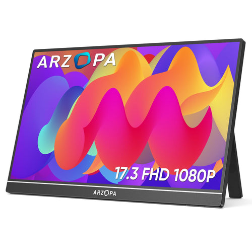 ARZOPA A1M Portabler Monitor für Laptop – 17.3 Zoll FHD HDR IPS, ein schwarzer, rechteckiger Monitor, erweitert mobil den Arbeitsbereich.