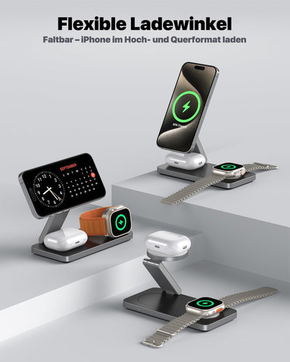 QTlier 3-in-1 Ladestation Qi2.2 25W für iPhone, Apple Watch, AirPods