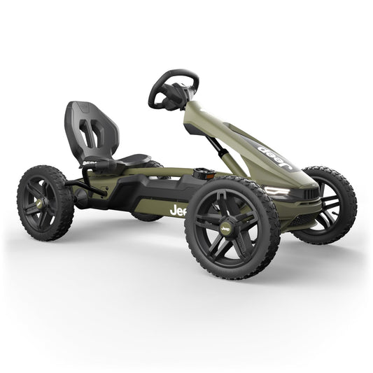 BERG Rally Jeep® Cherokee Gokart. Grünes Tretfahrzeug für Kinder (4-12 J.) mit Pedalantrieb für Geländefahrten.