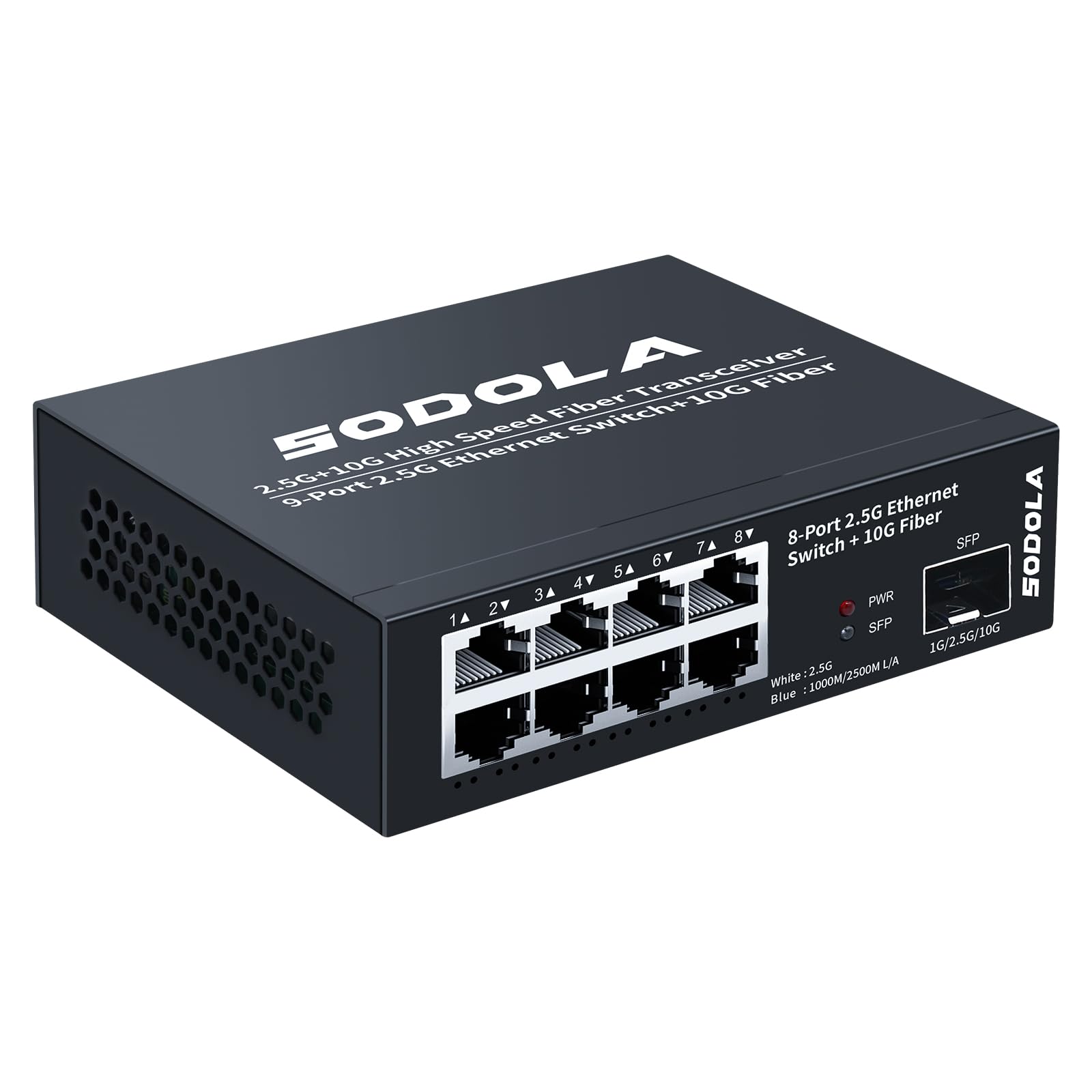 SODOLA 8-Port 2.5G Switch unmanaged mit 10G SFP+, lüfterlos – Metallgehäuse mit acht 2.5G-Ports