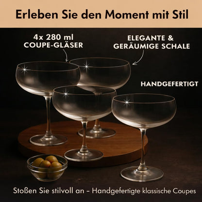 Vemacity Martinigläser 4er-Set, handgefertigte Cocktailgläser, 280 ml