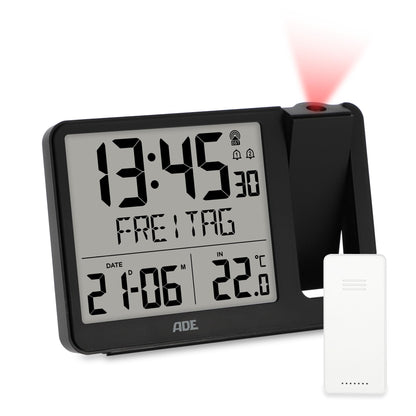ADE Funkwecker CK2406-1 mit Projektion und Aussensensor, schwarz, LCD-Display und schwenkbarer Projektionsarm