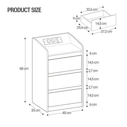 Hzuaneri Nachttisch NS40003X - 3 Schubladen, Ladestation, LED, Weiss