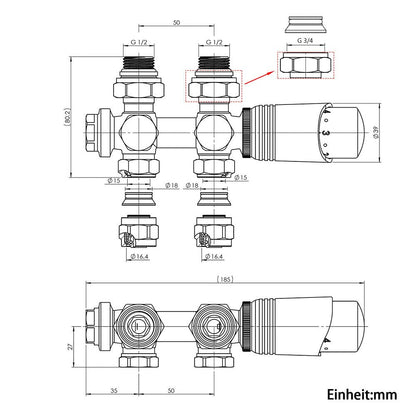 SwissTherm Multiblock Thermostat Armatur - Mittelanschluss Eck/Durchgang 50mm
