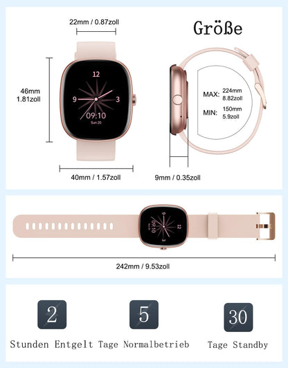 HUAKUA D3 Smartwatch Damen mit Telefonfunktion, 1.85 Zoll, IP68