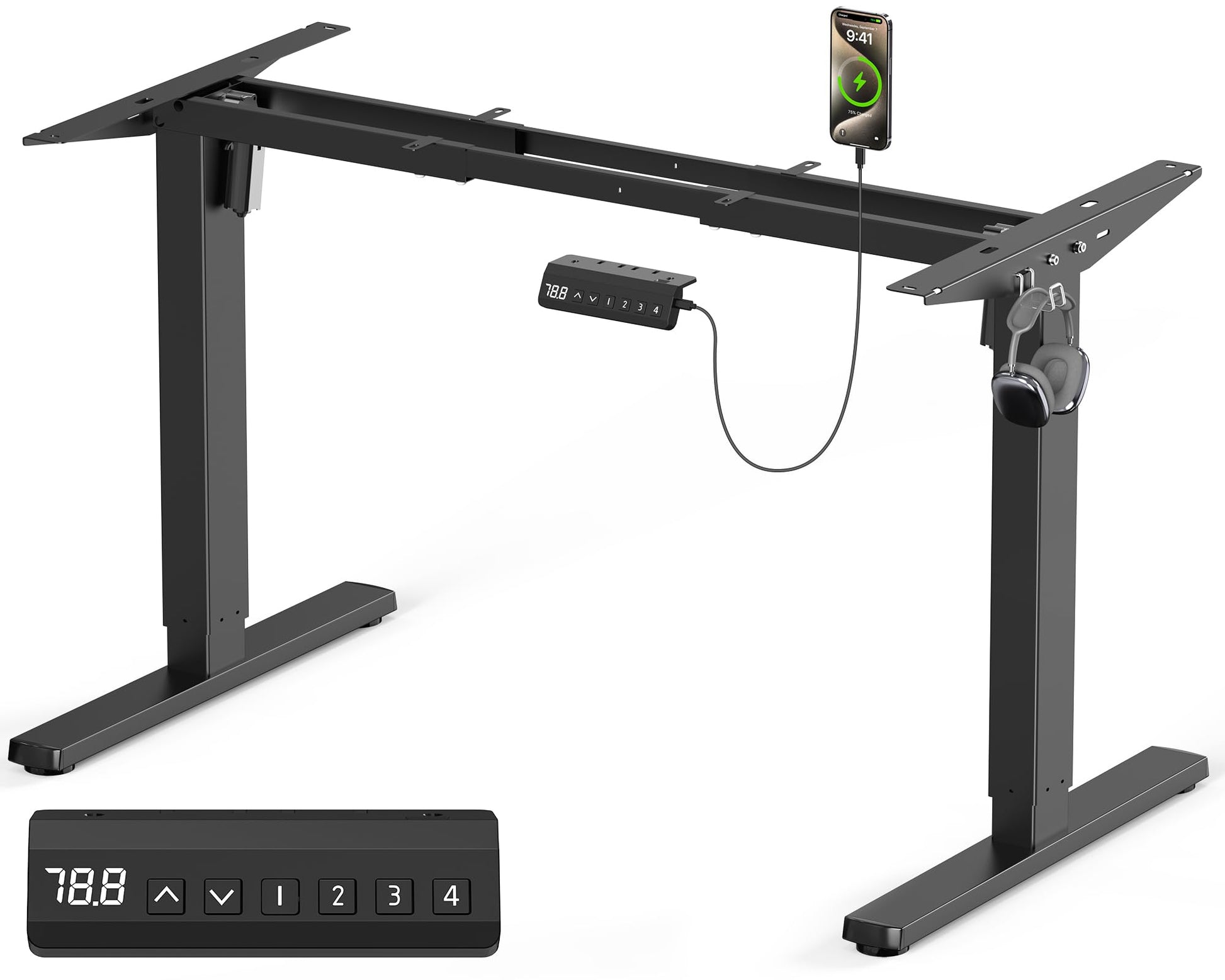 VOSATRON Höhenverstellbares Schreibtischgestell Elektrisch – Schwarz. Stabiles Metallgestell mit elektrischen Hubsäulen zur Höhenverstellung.