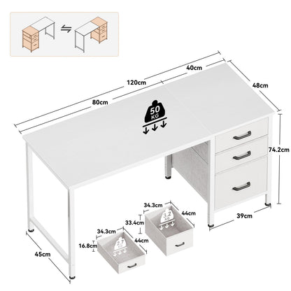 Coleshome Schreibtisch 120x48cm mit 3 Stoffschubladen – Weiss
