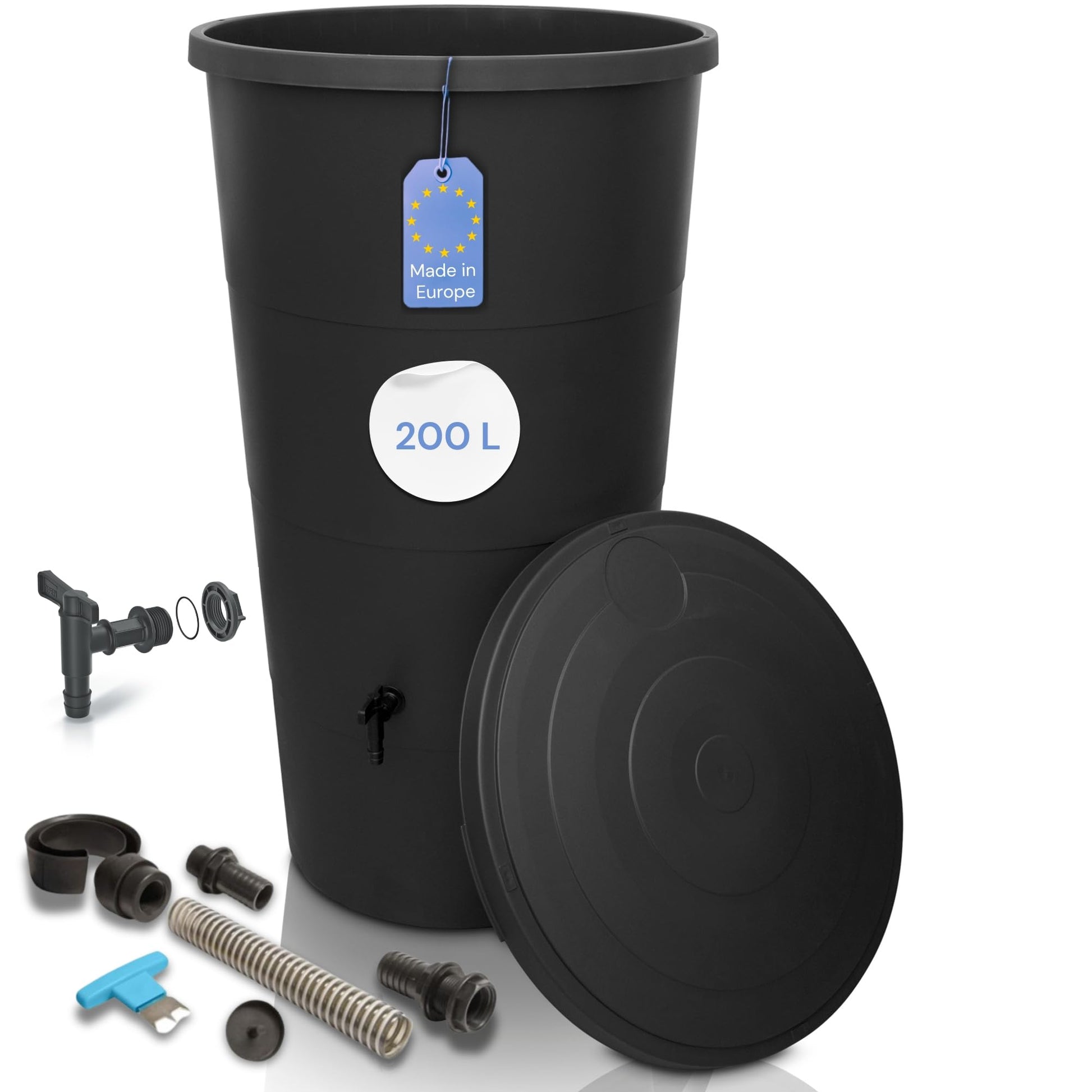 YourCasa Regentonne 200 L mit Wasserhahn und Anschlussset, Anthrazit – Regenwasserfass aus Kunststoff